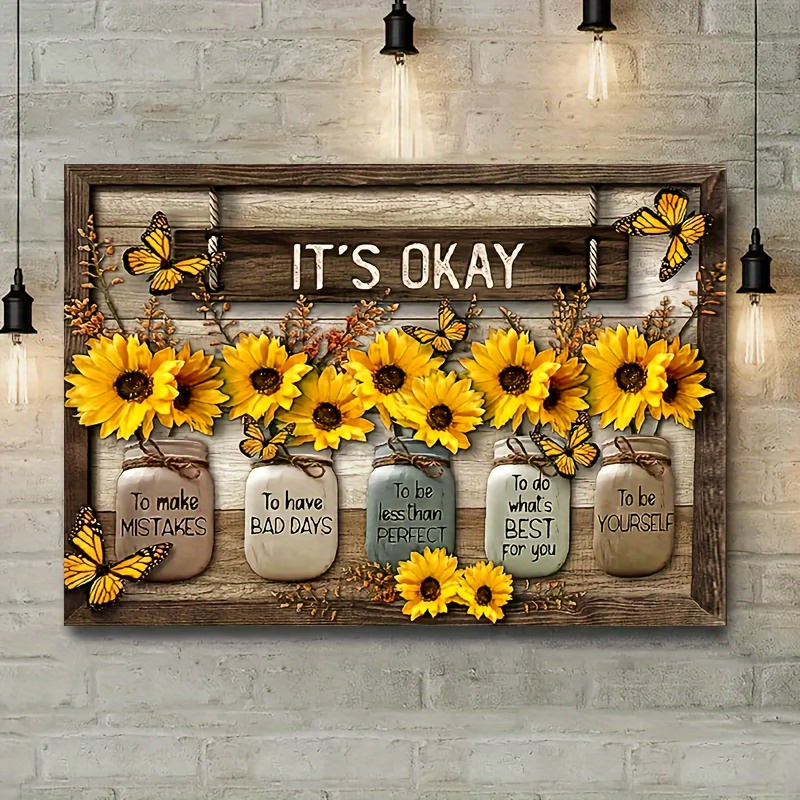 

1pc Wooden Framed It's Okay To Be Yourself Sunflower Butterfly Canvas Decor Wall Art For Bedroom Living Room Home Walls Decoration With Framed Ready To Hang 11.8inx15.7inch