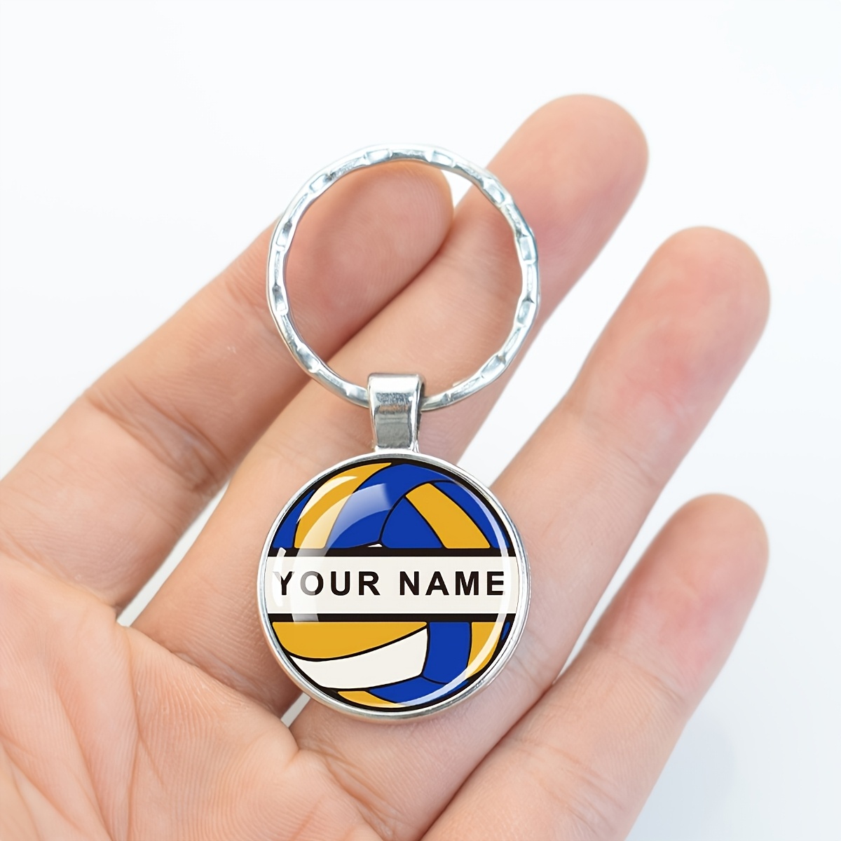 TEMU 1 portachiavi da pallavolo con personalizzato, testo con personalizzato, portachiavi con ciondolo a cupola in vetro multicolore da pallavolo,