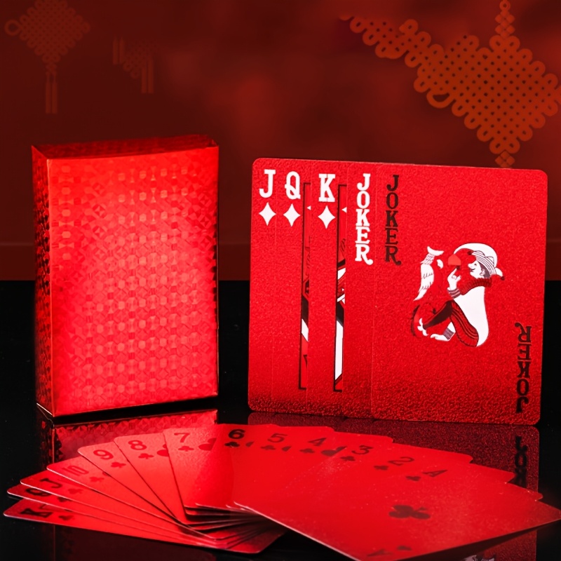 

1 Set Of 55pcs Red Playing Cards, Waterproof And Washable, Metal Embellished, Plastic, , Smooth , Ideal For Parties