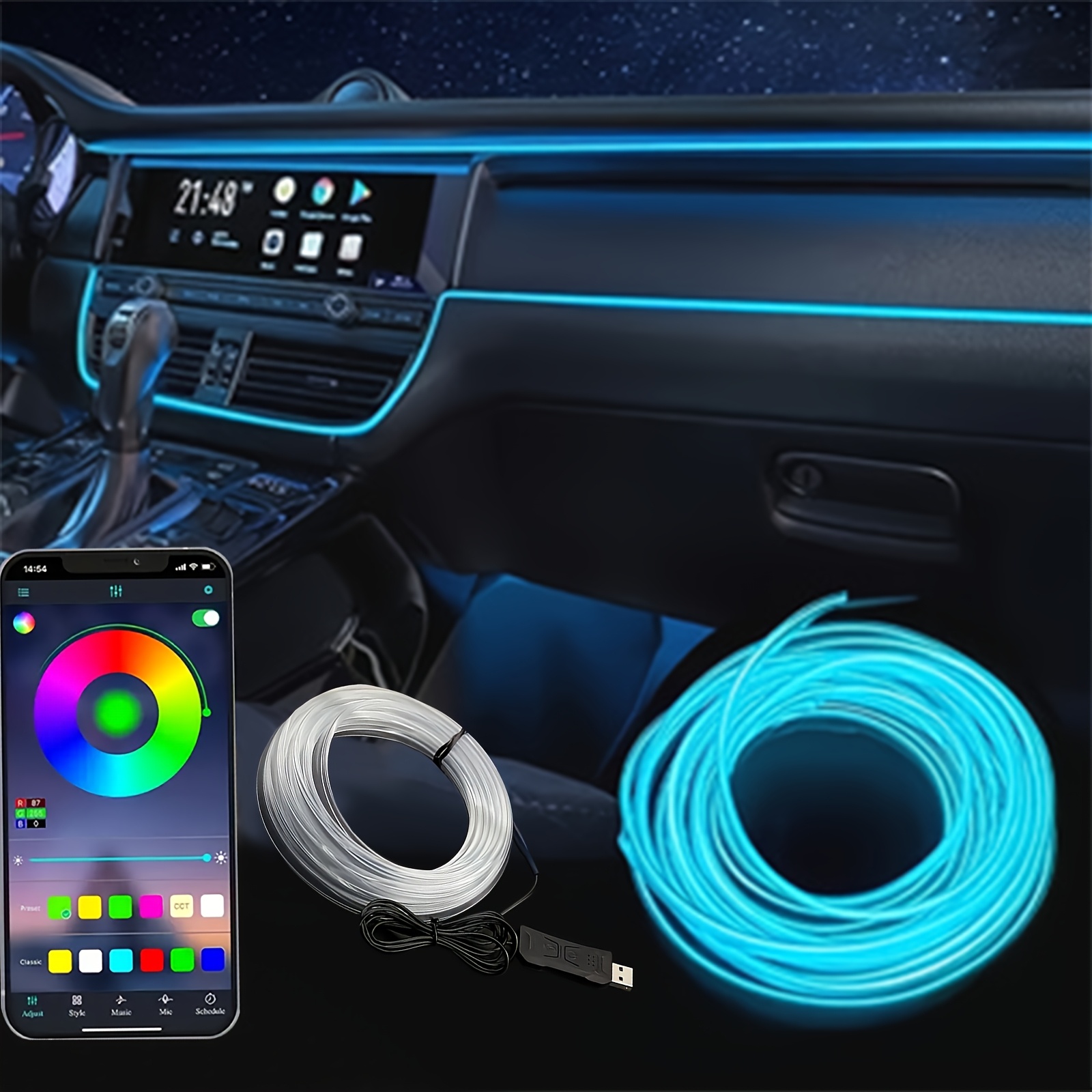 TEMU 8 Interior Led Light Strip Music/buttons/app, Remote Control El Fiber Flexible Ambient Lighting Usb Rgb Neon Dashboard Center, Without Battery