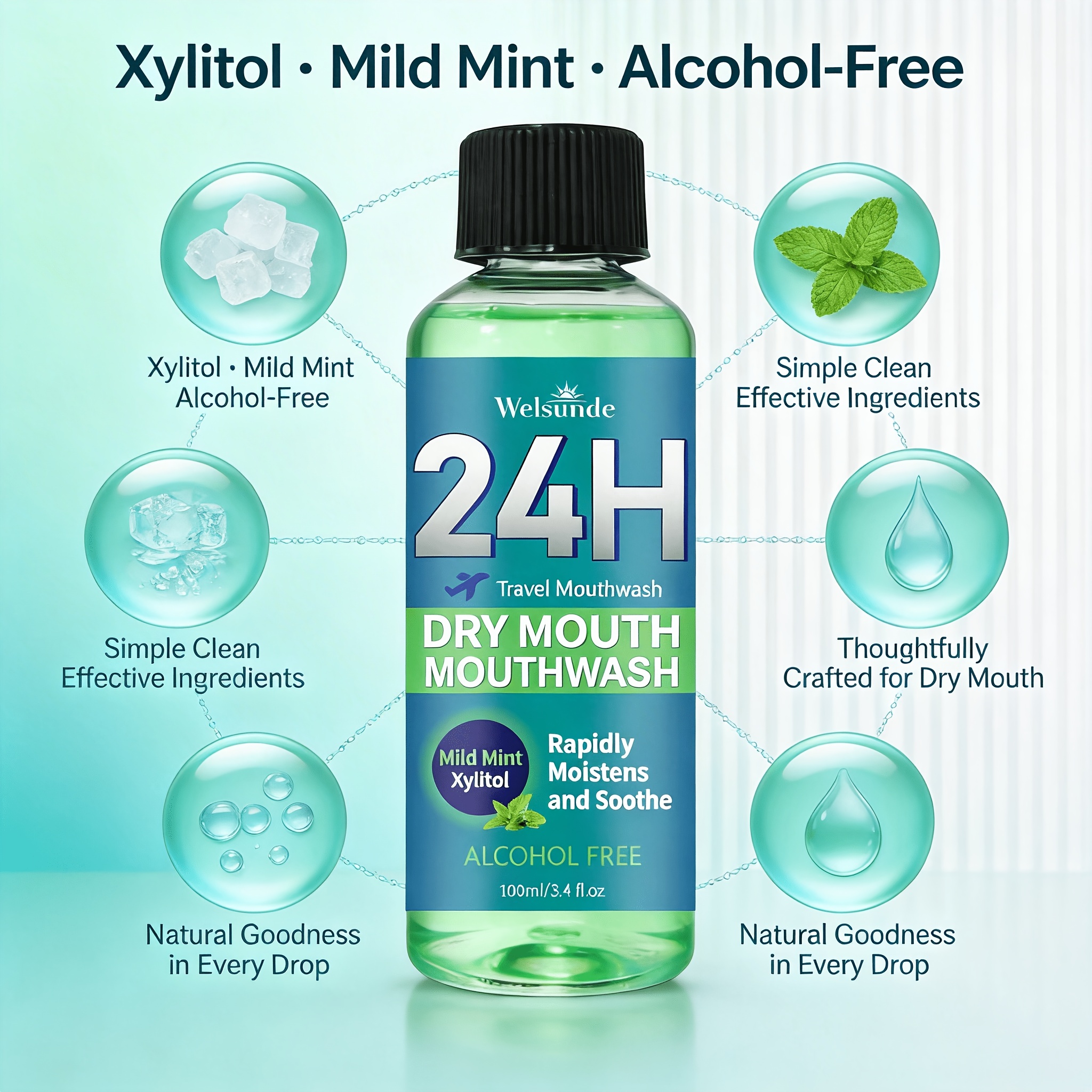 24H Dry Mouth Mouthwash - Rapidly Moistens And Soothes with a Minty Taste, Contains Xylitol, Helps Maintain Oral Comfort, Long-Lasting Oral Comfort, Travel Mouthwash, No Oral Irritation, Natural Ingredients for Daily Oral Care, Suitable for Everyone
