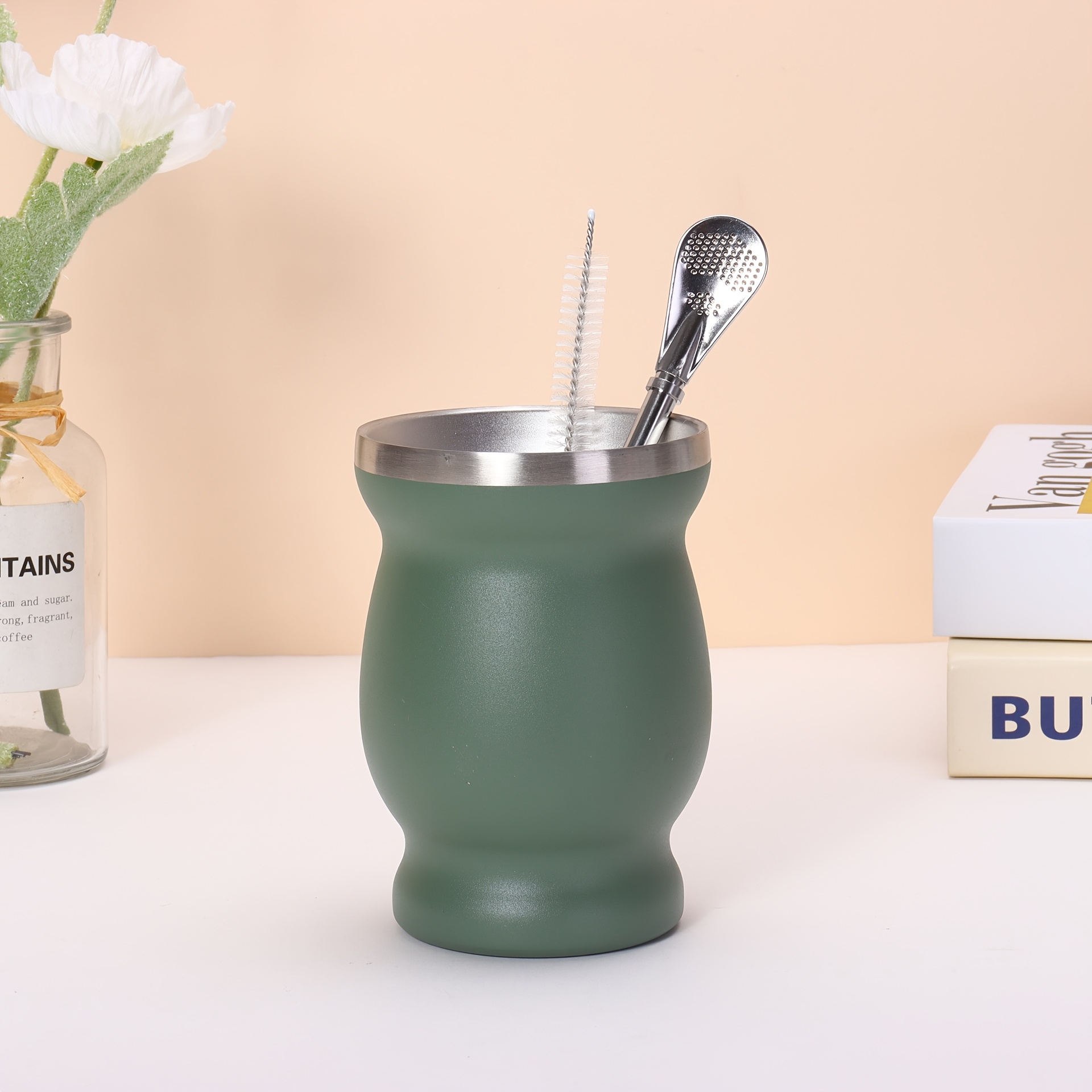 TEMU Bombilla Yerba Mate Gourd, 8oz Stainless Steel Tea Cup Set, Straws And Cleaning Brushes, Double Walled Coffee Mug Heat Insulation Anti-scald