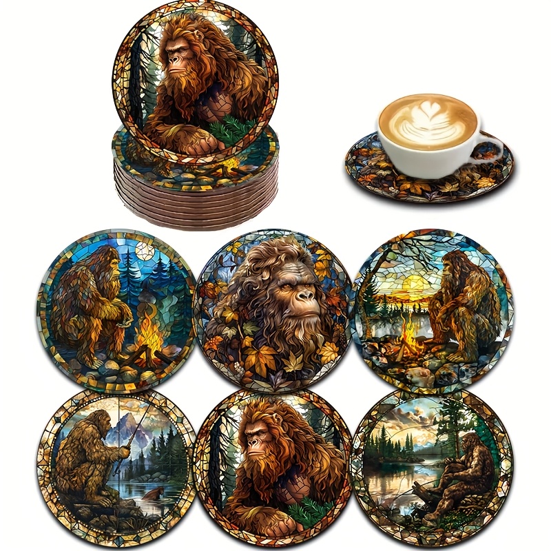 

6pcs Sasquatch Printed Wooden Coasters Set, Large Foot , Wood Cup Mats For Tea, Coffee, Drinks, Home Decor, Perfect Gift