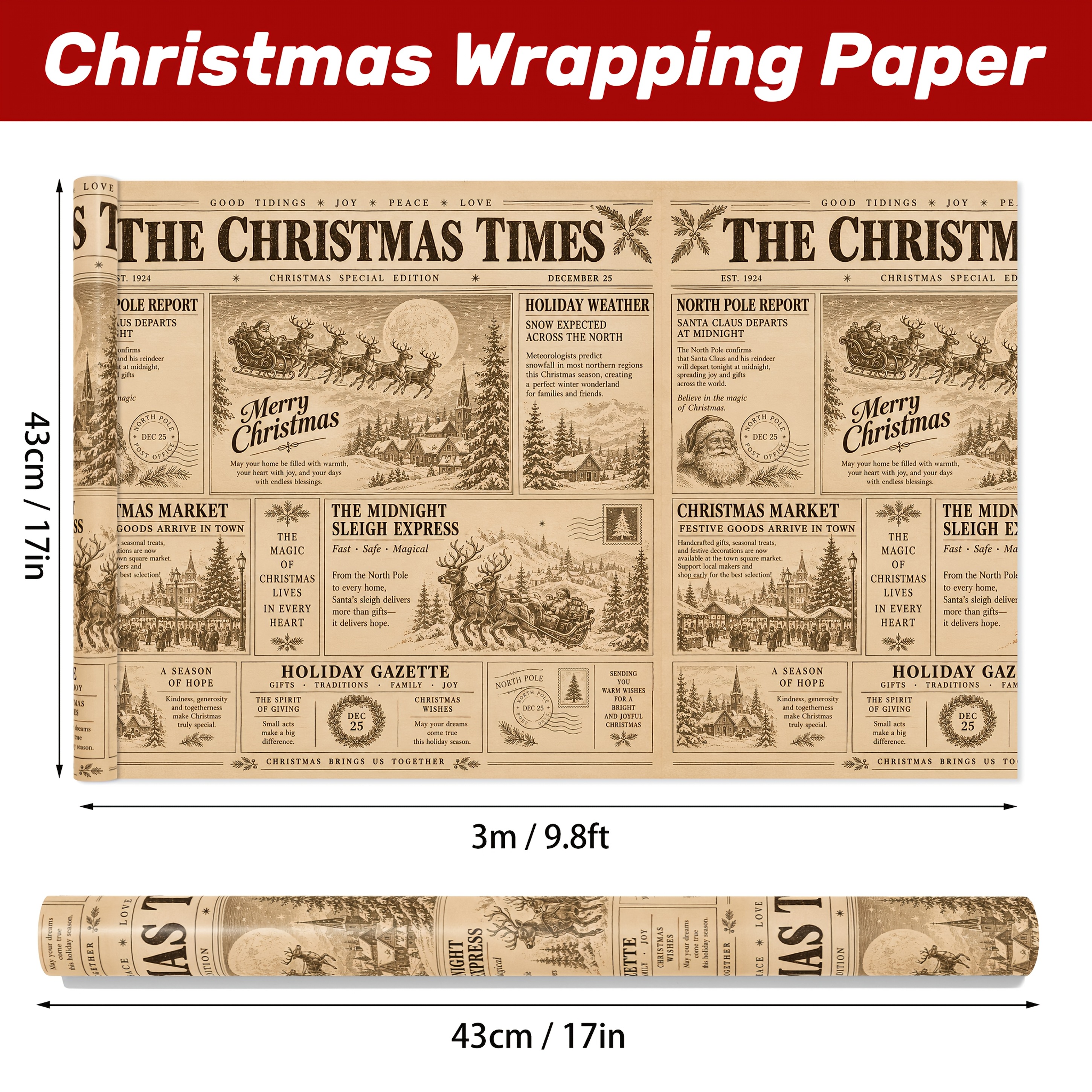 Image of 1 Roll 17" X 118" Christmas Wrapping Paper Roll, Vintage Christmas Times Newspaper Design, Brown Holiday Gift Wrap With Santa Sleigh, Xmas Presents, Retro Winter