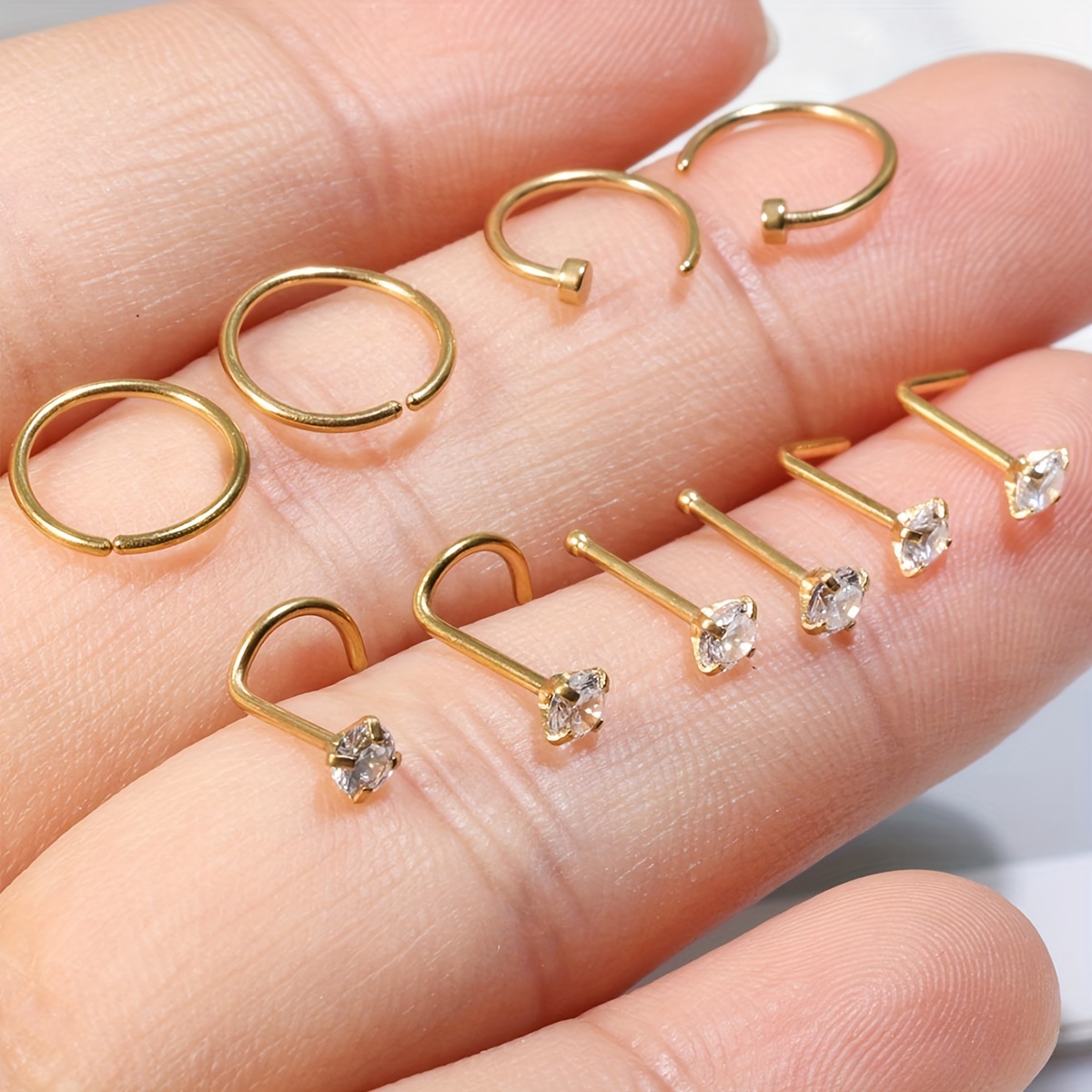 

10pcs 20g Nose Rings And 20g Nose Studs For Women Men, 316l Stainless Steel Nose Rings L Shape/corkscrew/bone Nose Studs Real Body Piercing Jewelry Cz 3mm Hoop Helix Cartilage Daith Tragus Earrings