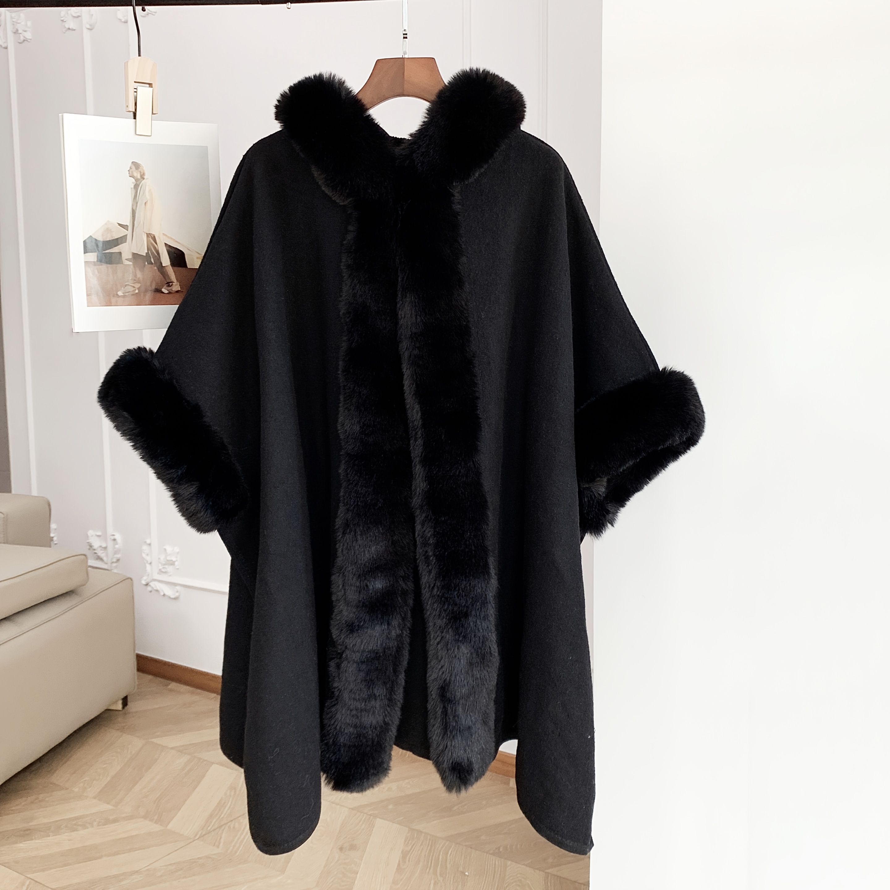 womens elegant cape style poncho fur trim solid color warm