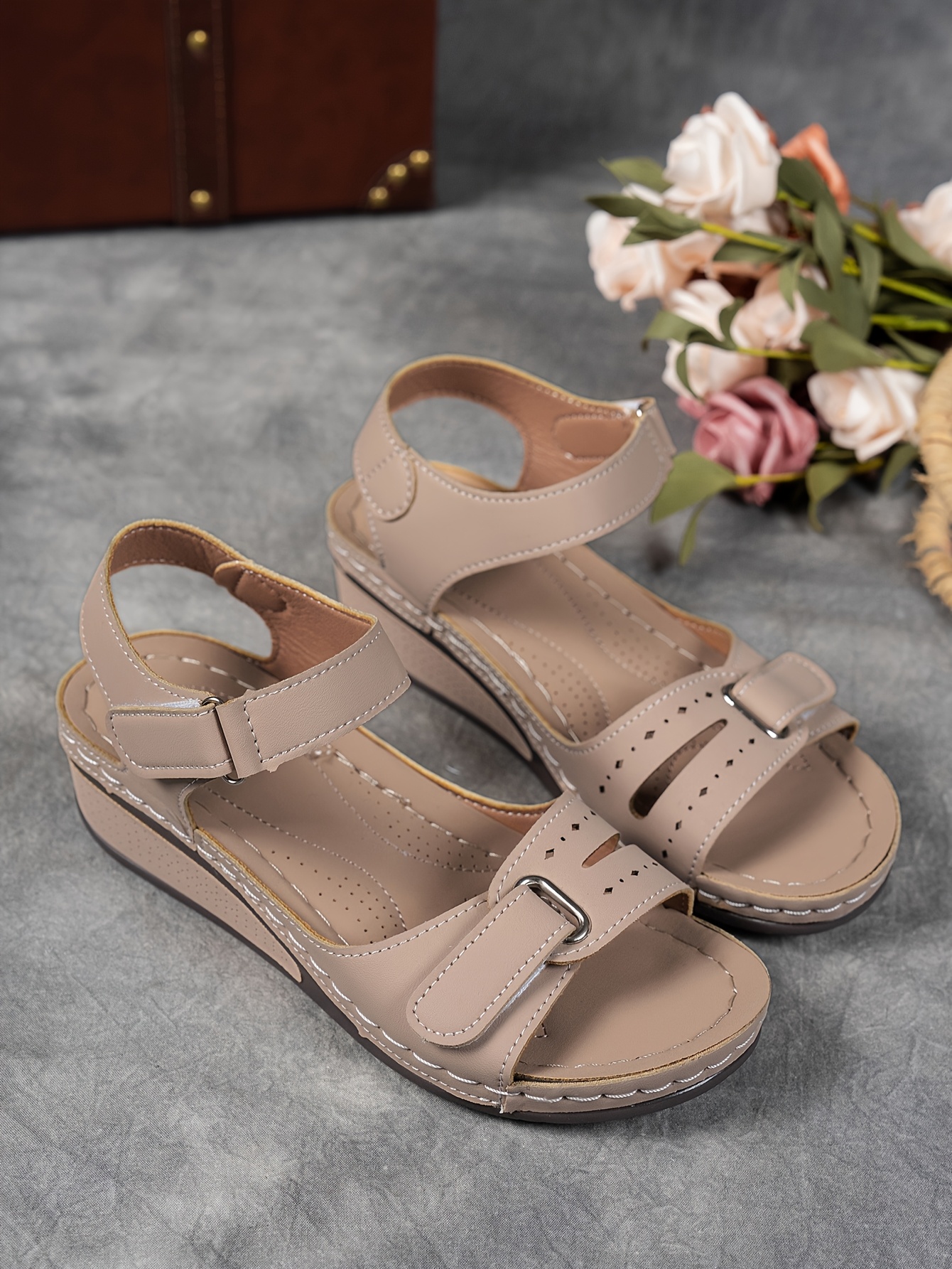   womens beige wedge sandals comfortable open toe platform shoes with adjustable ankle strap perforated design for   casual summer fashion strappy sandals Product details 1