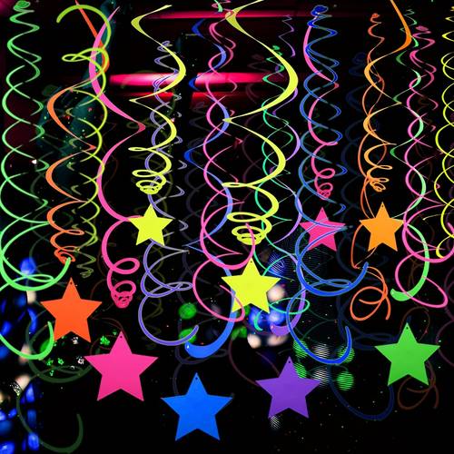 20 piezas de decoraciones reflectantes de neón - borlas colgantes coloridas para techo, forma de estrella , ideales para fiestas oscuras, , no necesita electricidad, decoraciones neón con