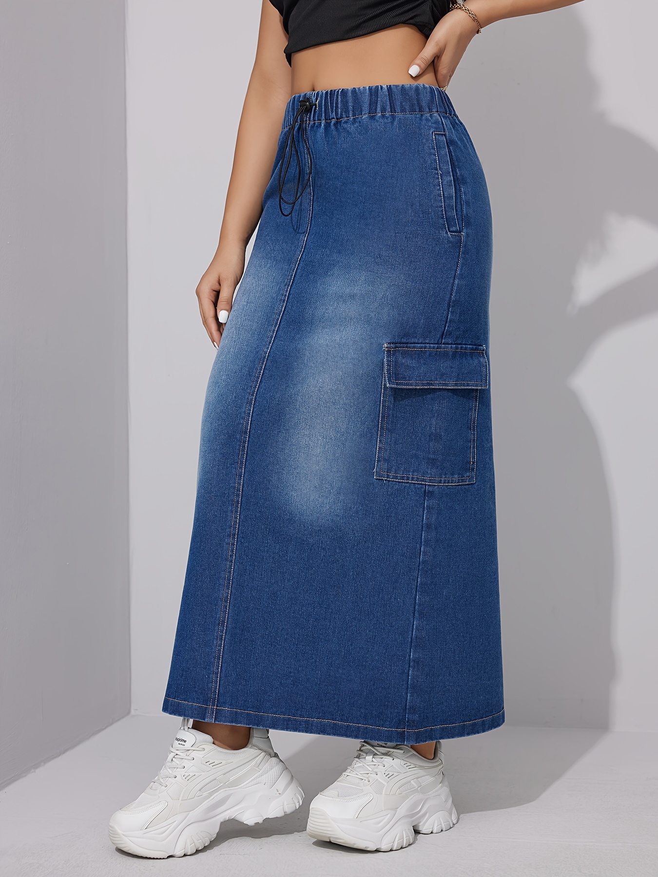drawstring elastic waistband flap pocket cargo denim skirt