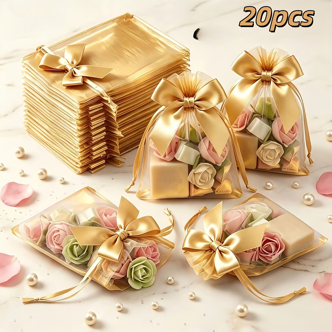 TEMU 20-pack 10x15cm (3.94x5.91in), Pink, Sky Blue, Purple, Organza Bags With Ribbon Bows - Suitable For Jewelry, Party Favors, Weddings, Birthdays,
