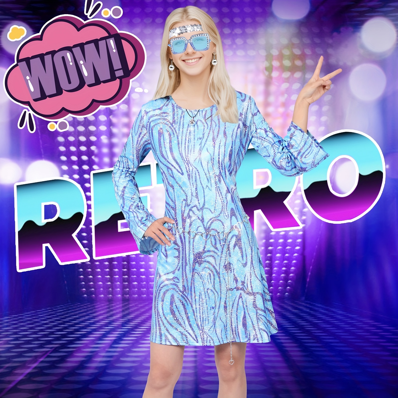 8pcs Disco Women Costume Outfit, 70s Sequin Dress with Glitter Headband,  Disco Accessories, Disco Dress Costume, Hippie Costume Blue and Purple for  Bi