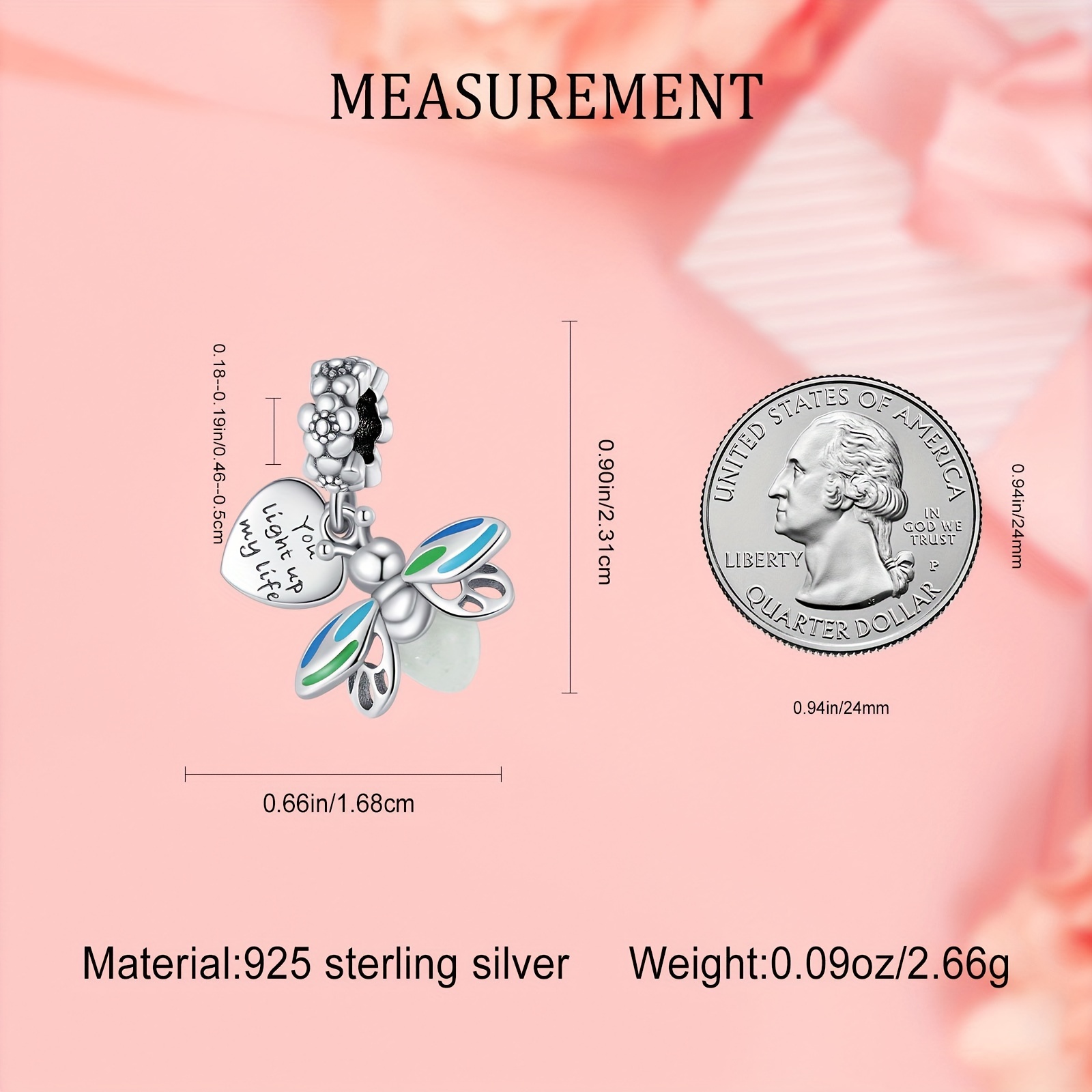 S925 Sterling Silver Lightning Bug And Heart Tag Spacer Charm Pendant