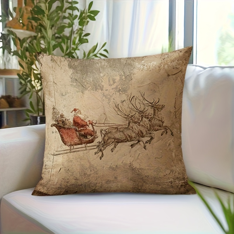 TEMU 1pc Double-sided Printed Throw Pillow Cover - Vintage Santa Claus Sleigh And Reindeer Plush Pillowcase 18x18 Inches/45x45cm - Beige And Brown