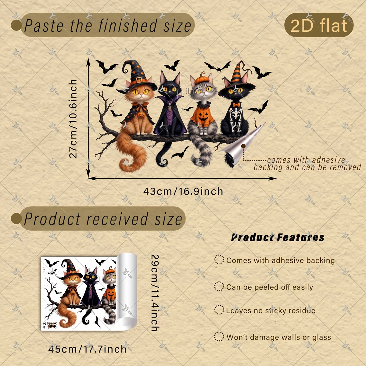 TEMU 2d Flat - 1pc 2d Flat Printed Halloween 4 Costumed Black Cats On Branch Pumpkin 30 X 45cm Window Stickers, Creative Self-adhesive Removable