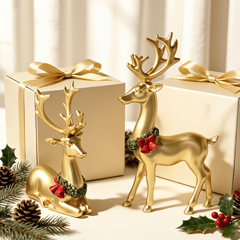 TEMU 1 Paire de Statuettes de Cerf Dorées avec Couronne et Clochettes, Convient pour Noël, la Saint-Valentin, Thanksgiving, le Nouvel An et Autres