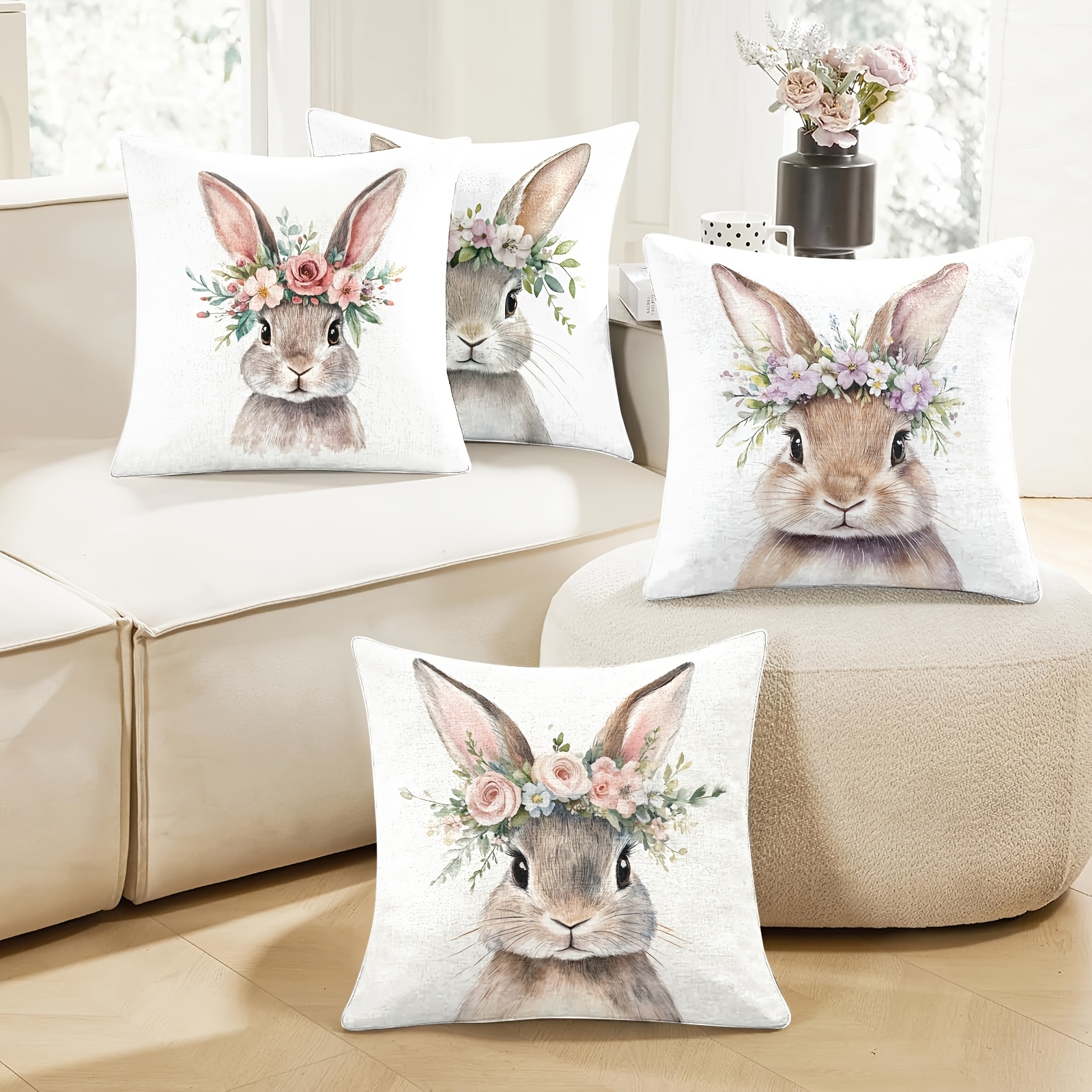 

4-pack Easter Bunny Pillow Covers, 18x18 Inch, Contemporary Polyester Zippered Cushion Cases, Machine Washable, Rabbit Pattern For Home Decor, Living Room, Bedroom, Sofa - Qiu12070593