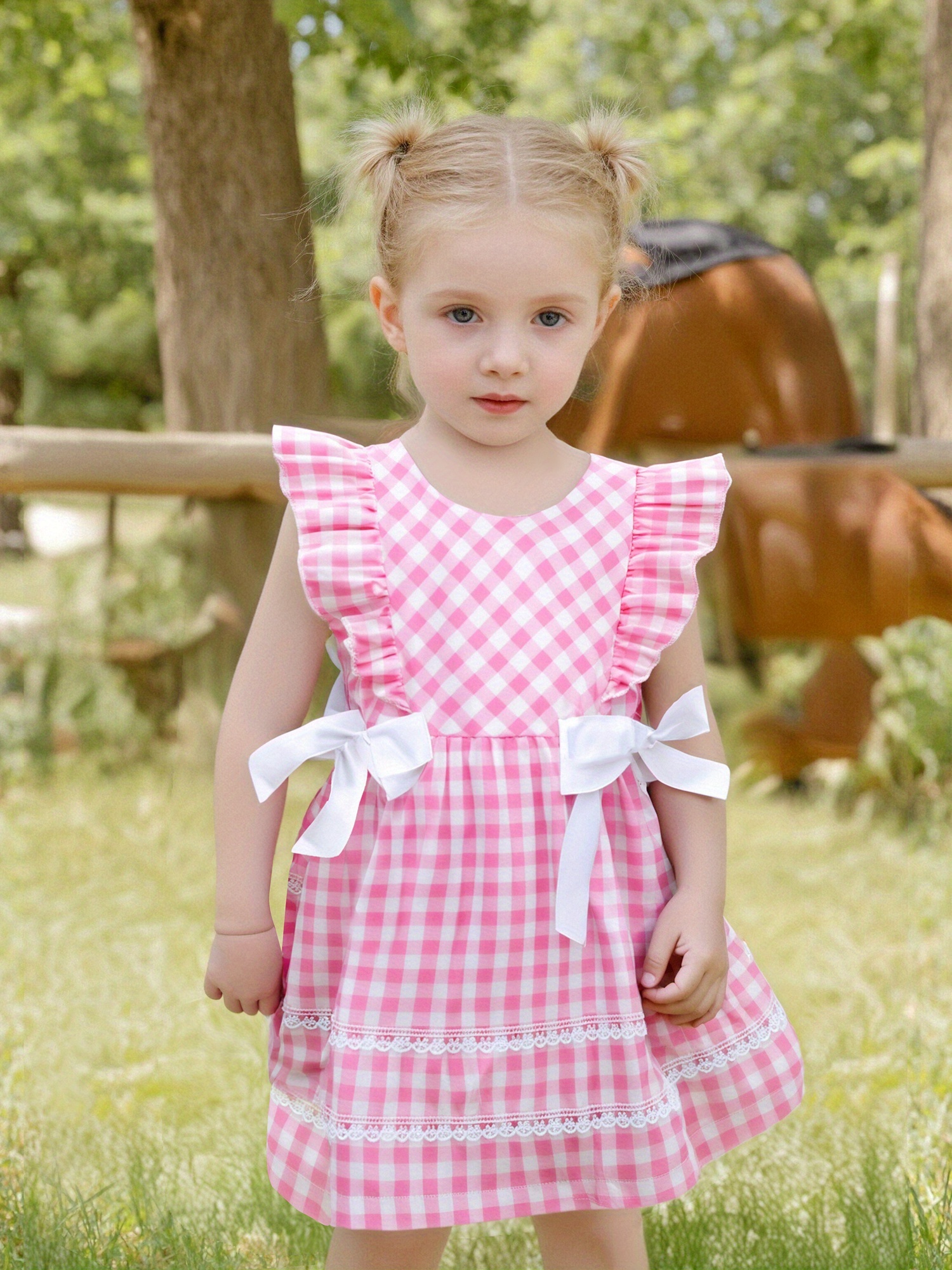 slim fit dress slacks Petit Bebe Baby / Toddler Girls Red Holiday Plaid Smocked Christmas Trees Dress main image 1