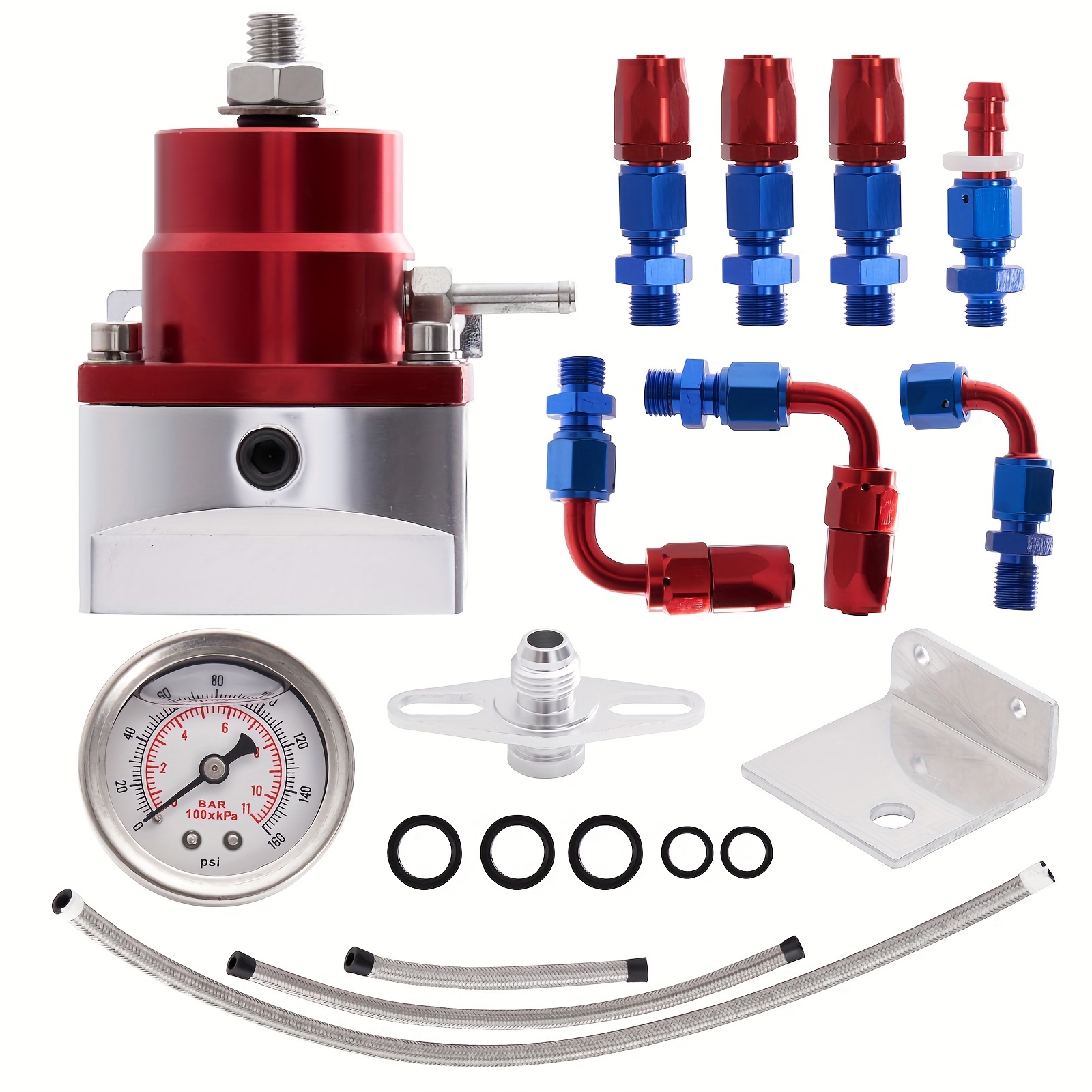 TEMU Universal Adjustable Fuel Pressure Regulator Kit 0-100psi Guage An6 Fitting Red-blue