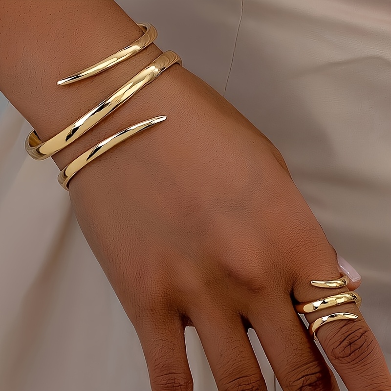 TEMU 2pcs Minimalist Geometric Bracelet And Ring Set, Women's Punk Multi-layered Hollow Jewelry Collection With Creative Snake Design, Perfect For