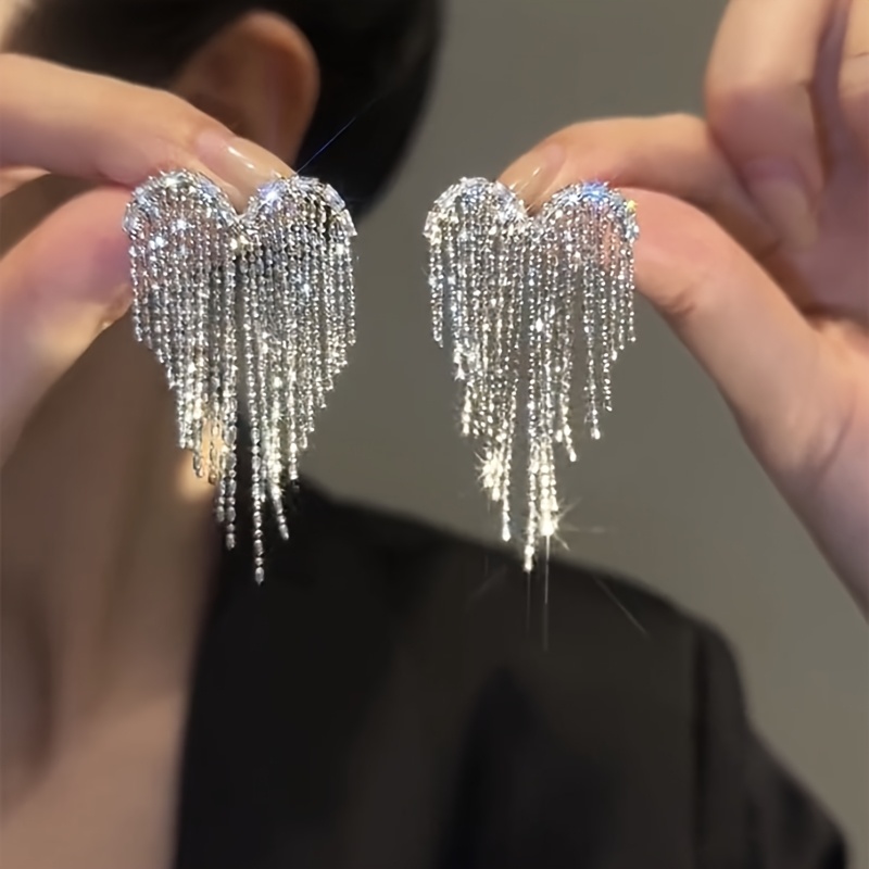 TEMU 1 Pair Women's Exquisite Heart Tassel Earrings, Fashion Jewelry Accessory Suitable For Daily Festive Gifts