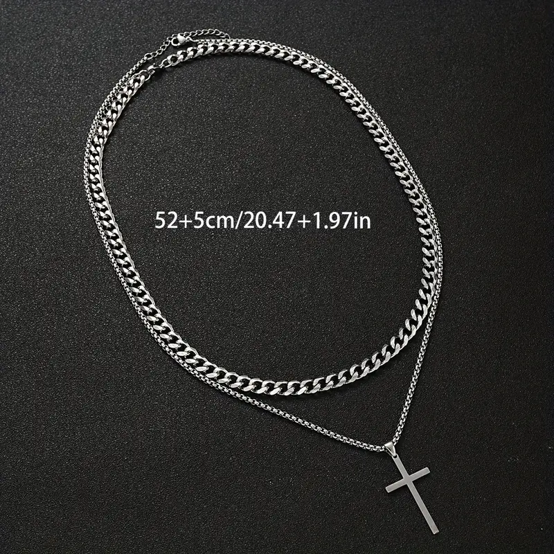 2pcs fashion simple 201 stainless steel cross cuban chain necklace set mens vacation dating gift daily casual matching for her Product details 2