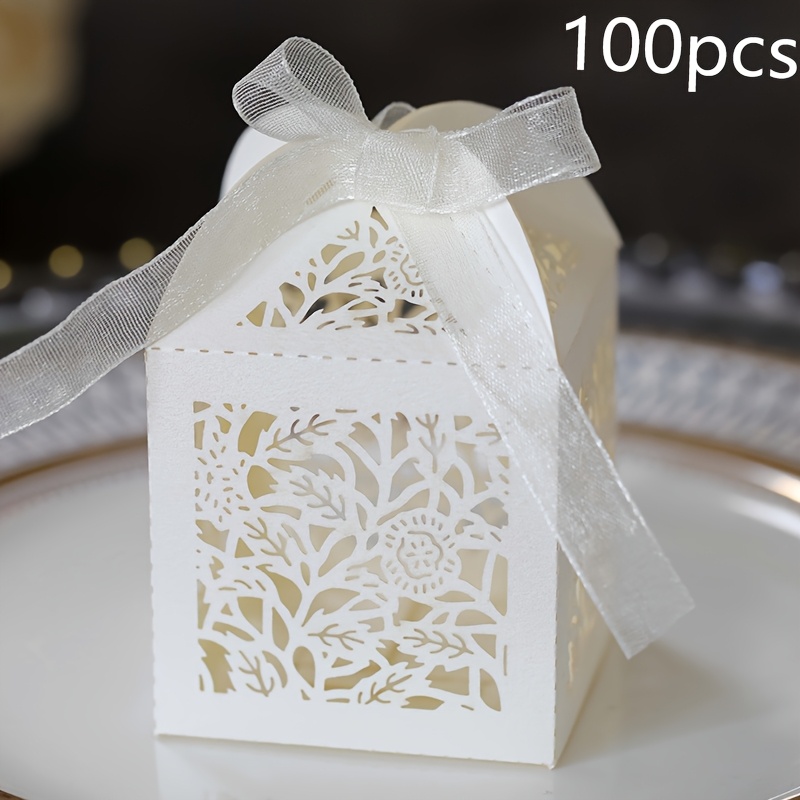 E-shop 100 Stück Laser-geschnittene Hohlblatt-Schokoladenboxen mit Band für Hochzeitsfeier oder Geburtstagsparty, 100 Stück, Beige, Weihnachten,
