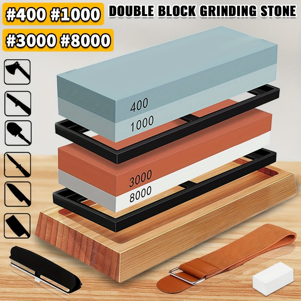 

Complete Knife Sharpening Stone Set Dual Grit Whetstone 400/1000 3000/8000 Knife Sharpener With Leather Strop, Flattening Stone, Bamboo Base, 3 Non-slip Rubber Bases And Angle Guide