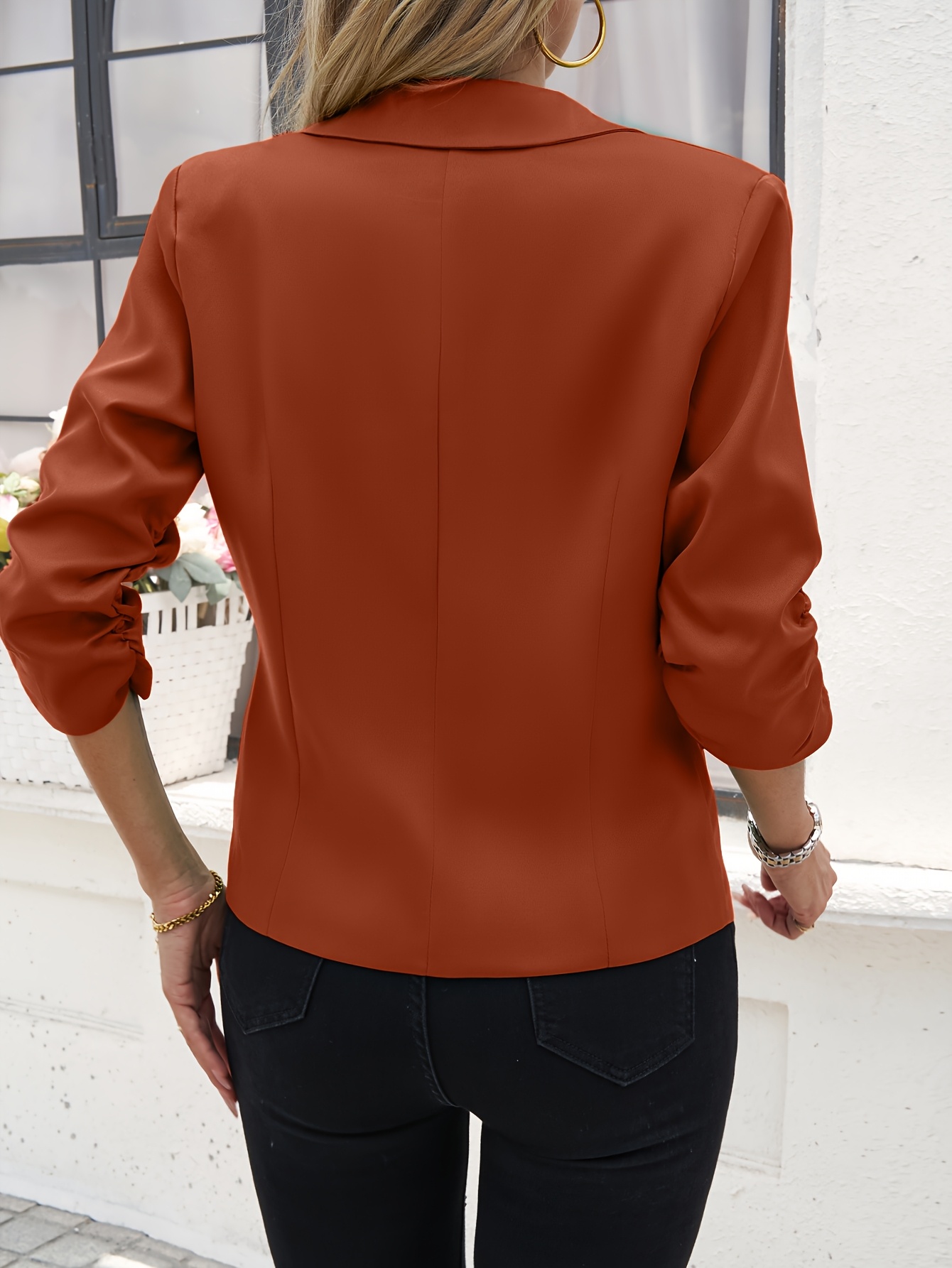 Women's Light Beige Casual Blazer - Open Front, 3/4 Sleeve, Polyester, Machine Washable, X-Shaped Silhouette, Perfect for Spring & Fall