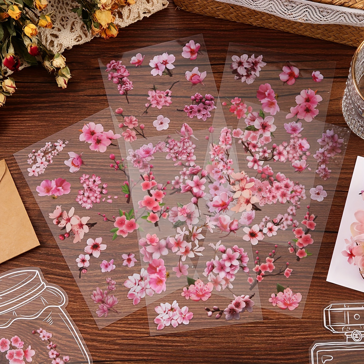 

6sheets Decorative Stickers, Pet Waterproof Flower Series Stickers For Scrapbook Label Diary Stationery Album Telephone Journal Planner