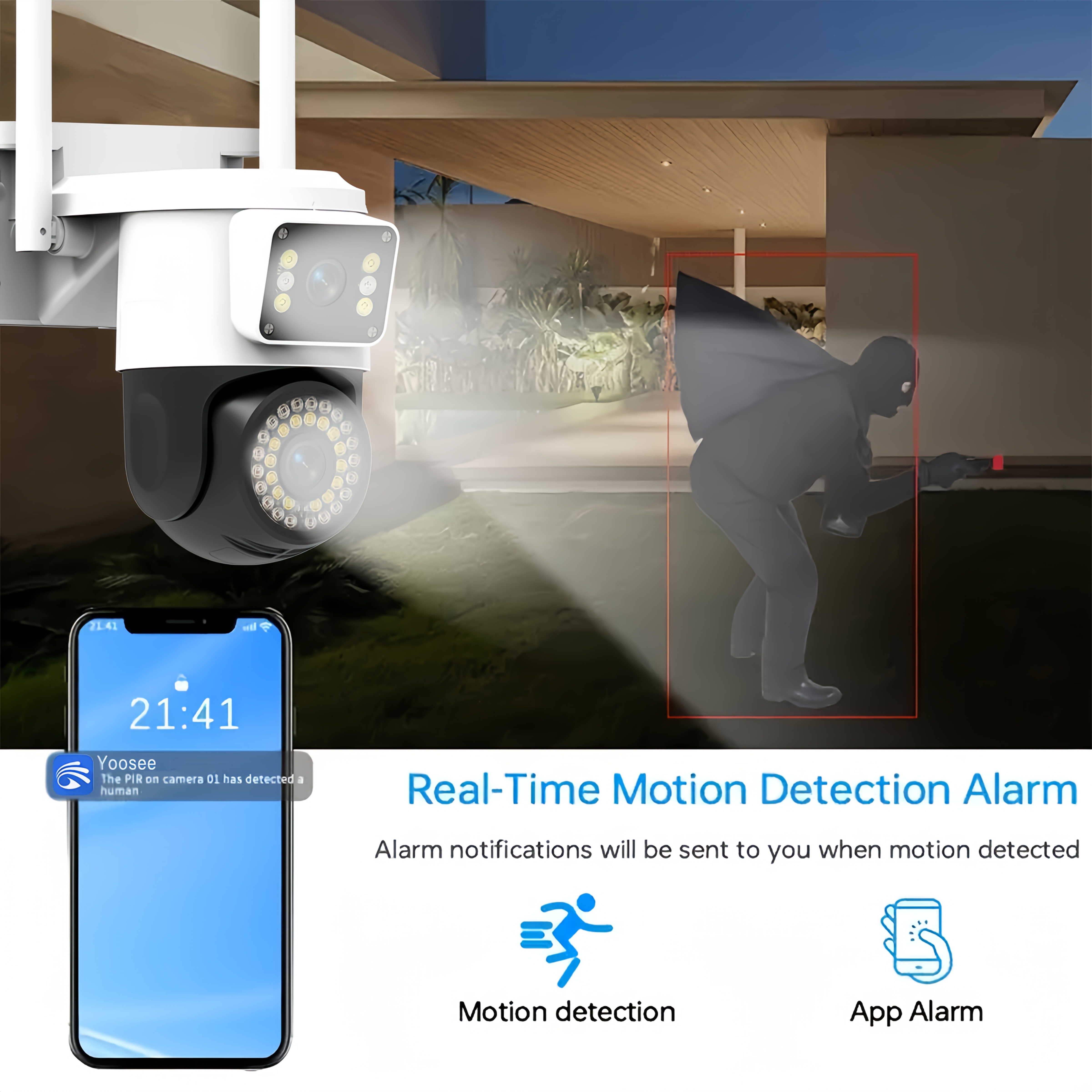 4mp outdoor security camera with dual lens pan-tilt (355° ptz) & tracking, audio, smart wireless wifi, night vision, usb-powered wireless surveillance system, app control, sd/cloud storage for /business cctv camera Product details 4