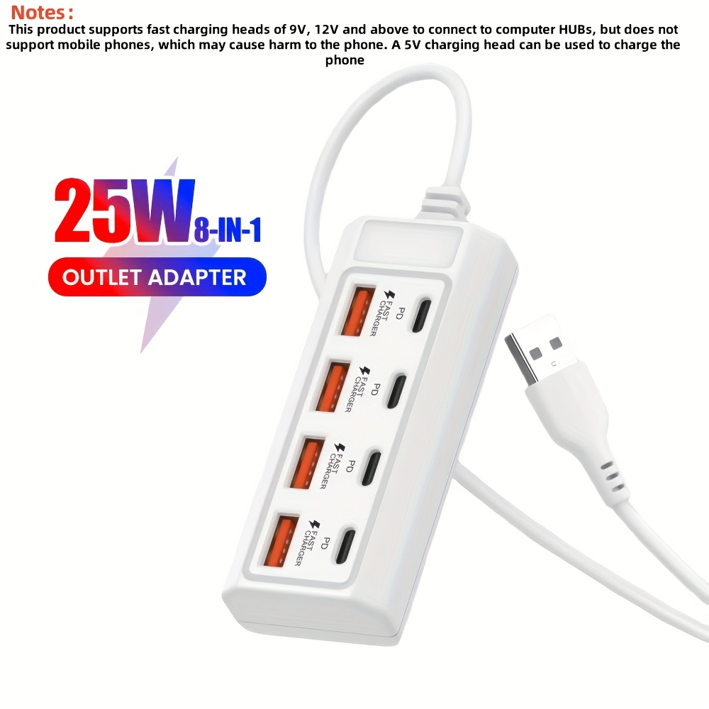 

8-port Usb Charger Adapter, 25w 4c+4a , Compatible With Laptop, Operating Voltage ≤36v, Usb Charging Interface, Multi-device Charging