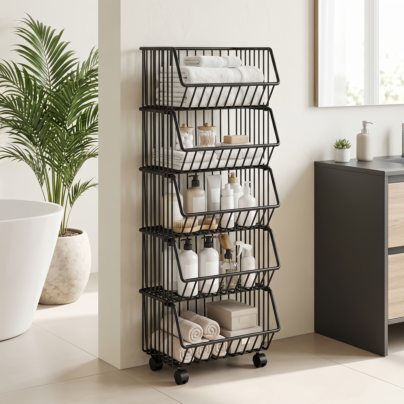 TEMU Étagère de Rangement à 5 Niveaux, Chariot Organisateur de Cuisine Roulant Grande avec Étagères à Paniers en Métal, Étagère de Rangement