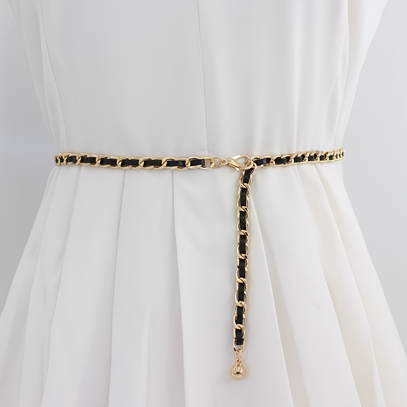 

Trendy Braided Waist Chain Classic Black Golden Metal Chain Belts For Women Adjustable Body Jewelry Dress Chain