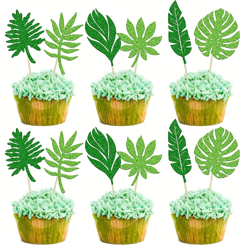 Image of 12pcs Leaves Cupcake Toppers Green Glitter Hawaii Luau Cupcake Picks Plant Leaf Summer Tropical Theme Birthday Party Cake Decorations Supplies