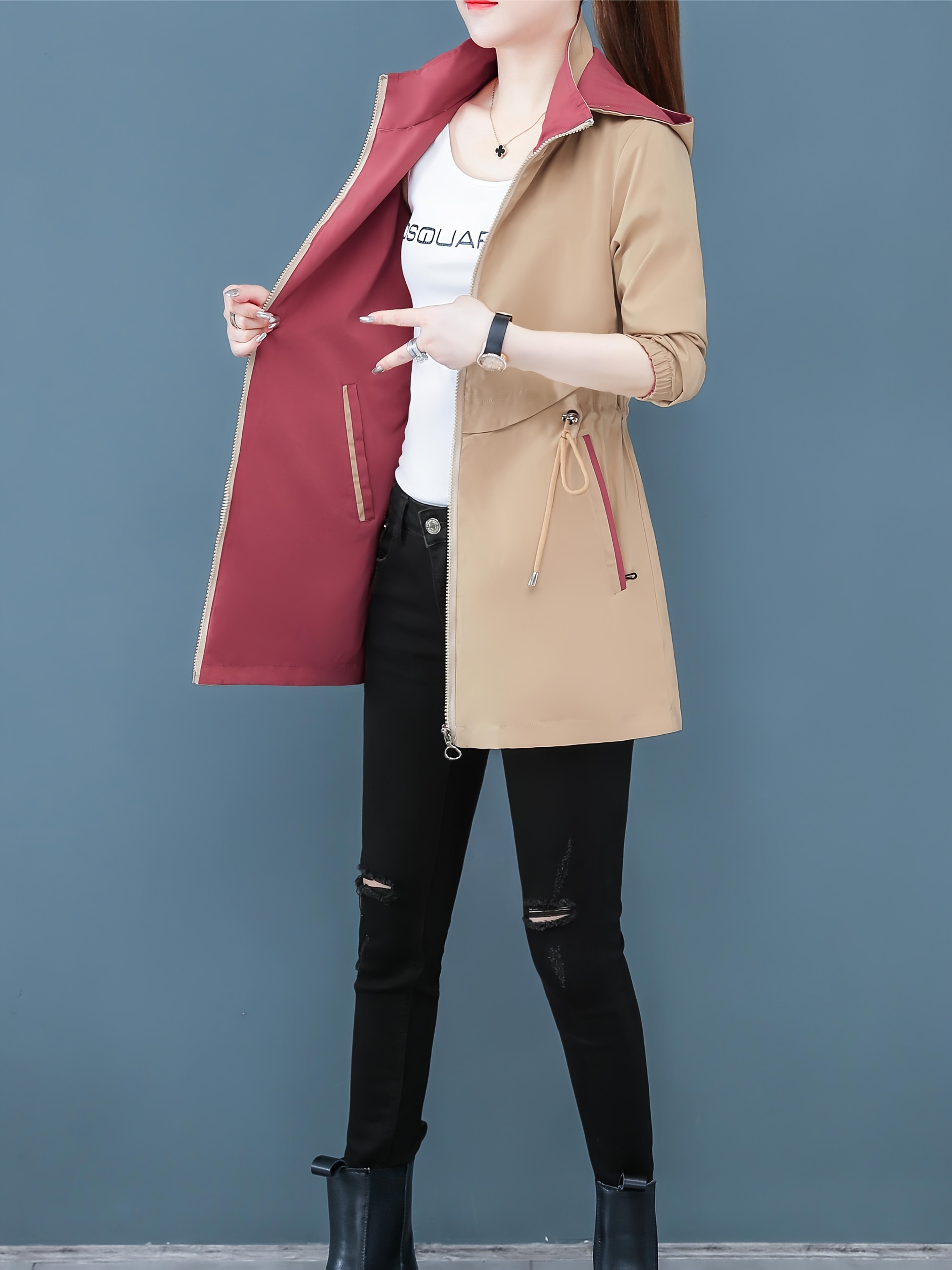 Chaqueta Trench Reversible para Mujer - Capucha Doble Cara, Beige/Burdeos Bicolor, Cierre de Cremallera y Poliéster Estructurado para Otoño/Primavera - Ropa Casual Elegante para Eventos Formales Diarios, Moda Primaveral, Diseño Bicolor, Ligero y Estiloso, Ideal para Oficina