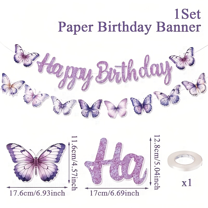 Image of A Birthday Celebration Hanging Banner, Featuring Butterflies, Perfect For Decorating Parties With Purple Paper Flags. Ideal For Birthday Parties, Shower Gifts, And Party Favors Christmas Halloween