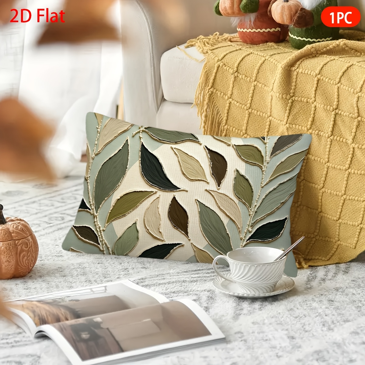 TEMU Fundas de cojín 2D, 1 pieza, con hojas, fundas de felpa cortas con estampados, ideales para decoración de , dormitorio, sofá, impresión , suaves