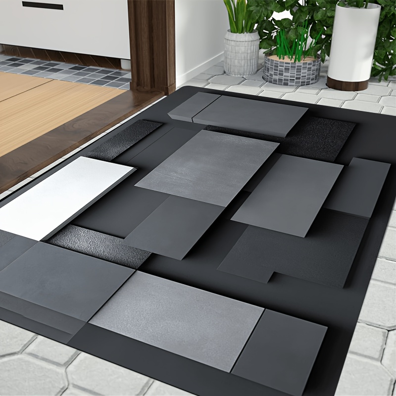 TEMU Tapis de sol 1 pièce en flanelle avec impression 2D, motif géométrique moderne - Matériau monochrome -noir, confortable, et lavable en machine,