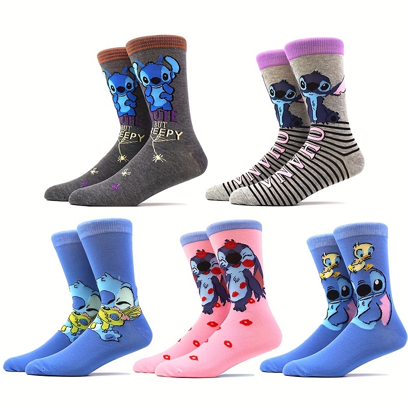 

5 Pairs Of Unisex Cotton Fashion Novelty Socks, Funny Cartoon Stitch Patterned Men Women Gift Socks, For Outdoor Wearing & All Seasons Wearing
