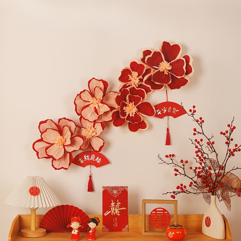 

2025 New Year Celebration Decor Kit - Vibrant Red & Flowers With "fu" Tassels - Ideal For Home & Party , No Battery Required, Best For Christmas