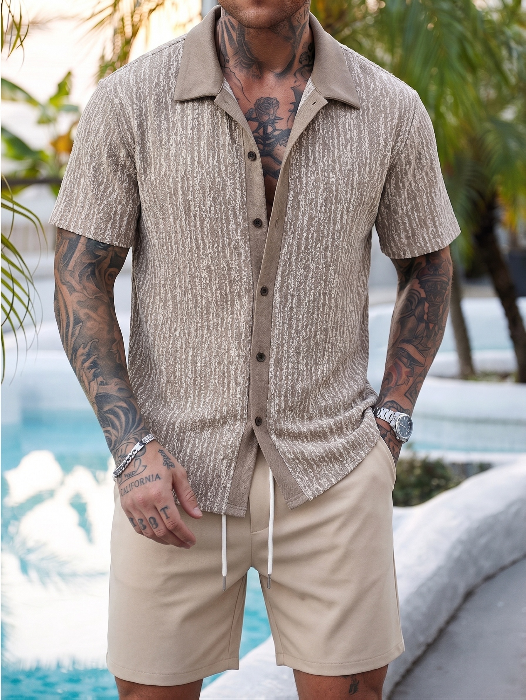 [Villa Le Water OBM] Men'S Casual Lapel Button-Up Short Sleeve Shirt, Vacation Leisure Shirt, Summer Fashion City Holiday Gift