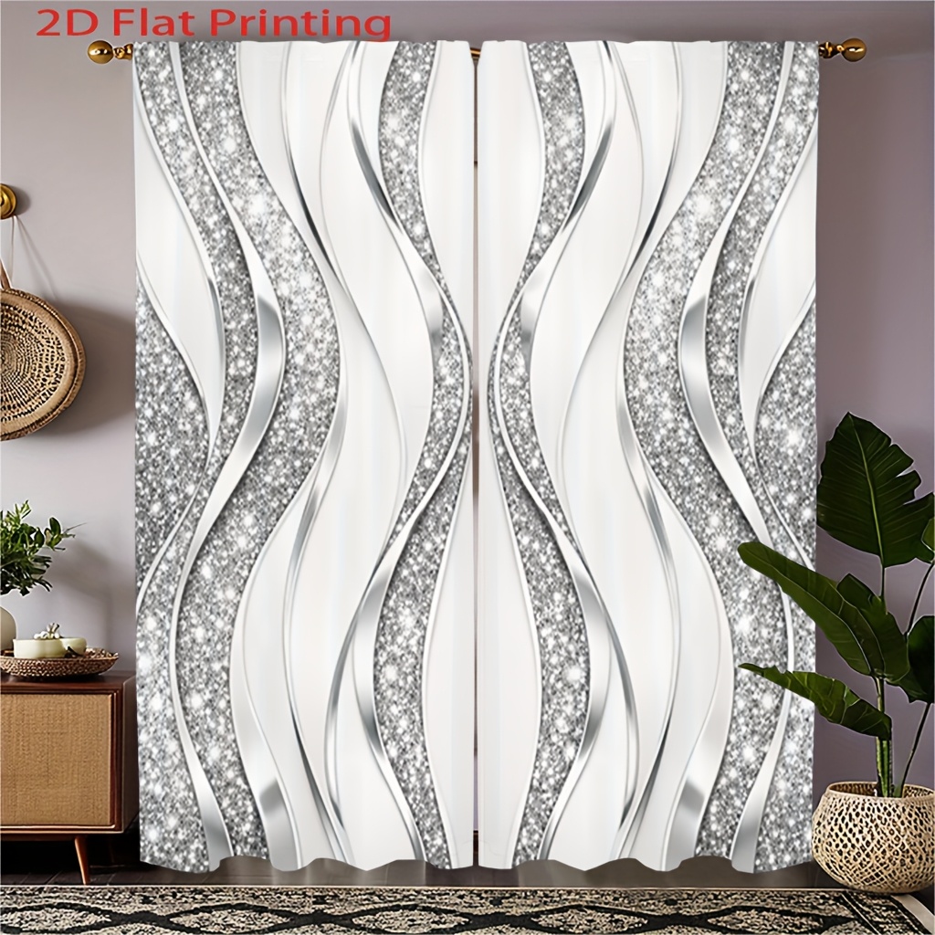 TEMU [Productos] 2 cortinas plateadas con diseño de ondas y estampado que difuminan y garantizan la privacidad, diseñadas para instalación con ,