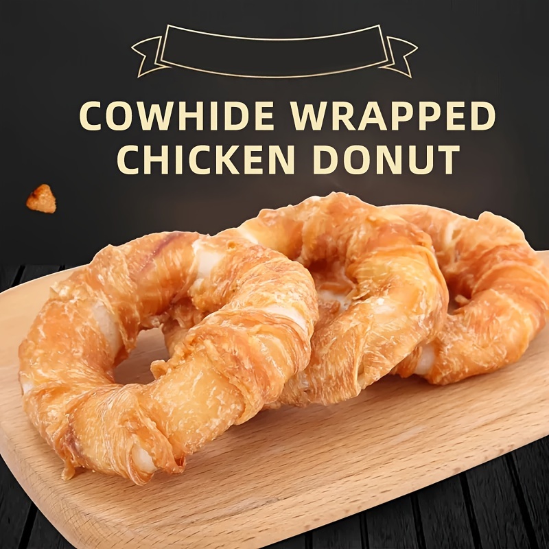 TEMU 3pcs/4pcs Natural Dog Treats Chews: Real Chicken Wrapped Cowhide Teething Donut Treats For Dogs-grain-free Training Treats For Healthy Teeth And