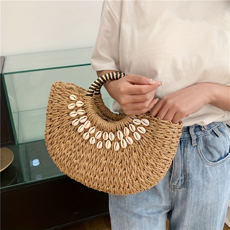

Shell Decor Straw Tote Bag, Summer Boho Beach Handbag With Ring Handle, Women's Leisure Travel Bag For Vacation