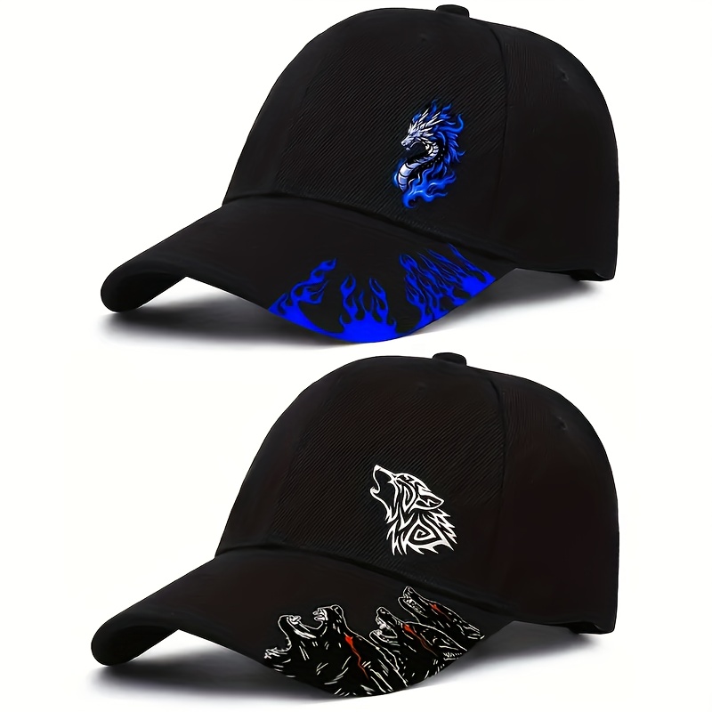 E-shop 2 Baseball Caps mit Wolf- und Drachen-Print - Verstellbare Streetstyle-Hüte mit weißen Wolf/Schwarzen Drachen/Blauen Flammen/Grauen Wolf/Roten