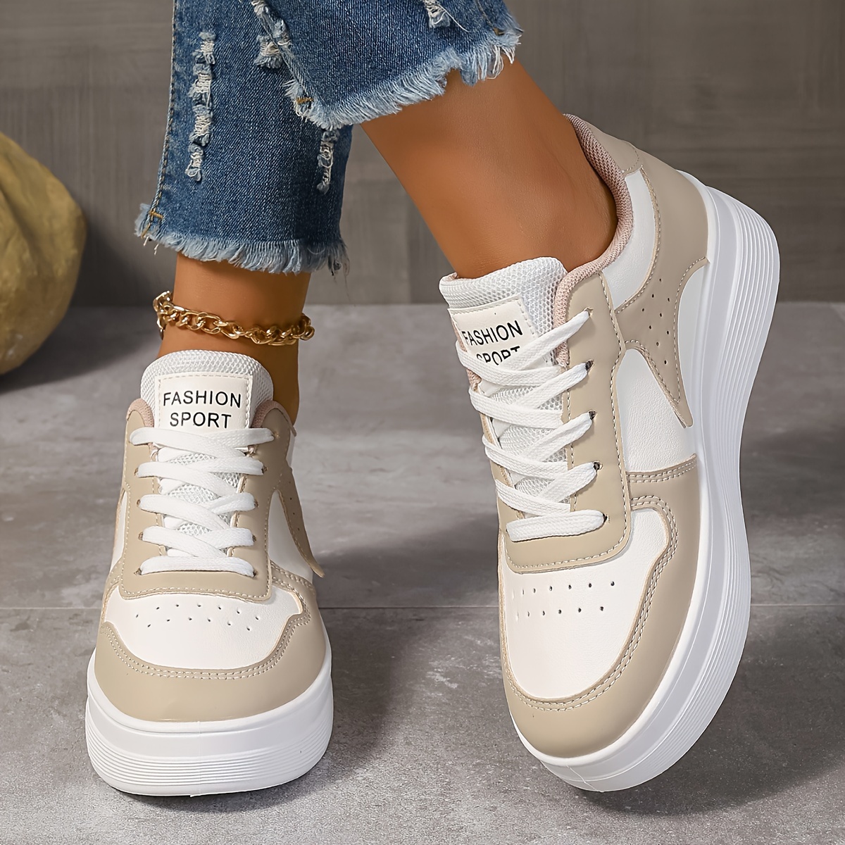 Women's Casual Sneakers Trendy Lace-Up Sports Shoes, Lightweight  Versatile, Low-* in Blue/White Beige/White