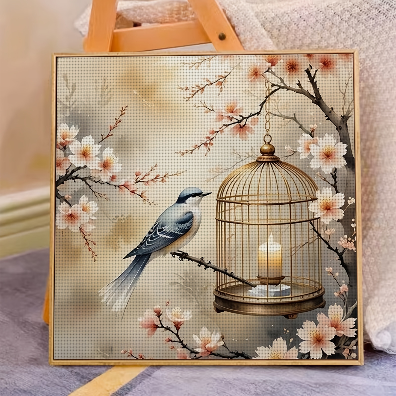 Complete DIY Cross Stitch Kit, Birdcage with Flowers by Candle