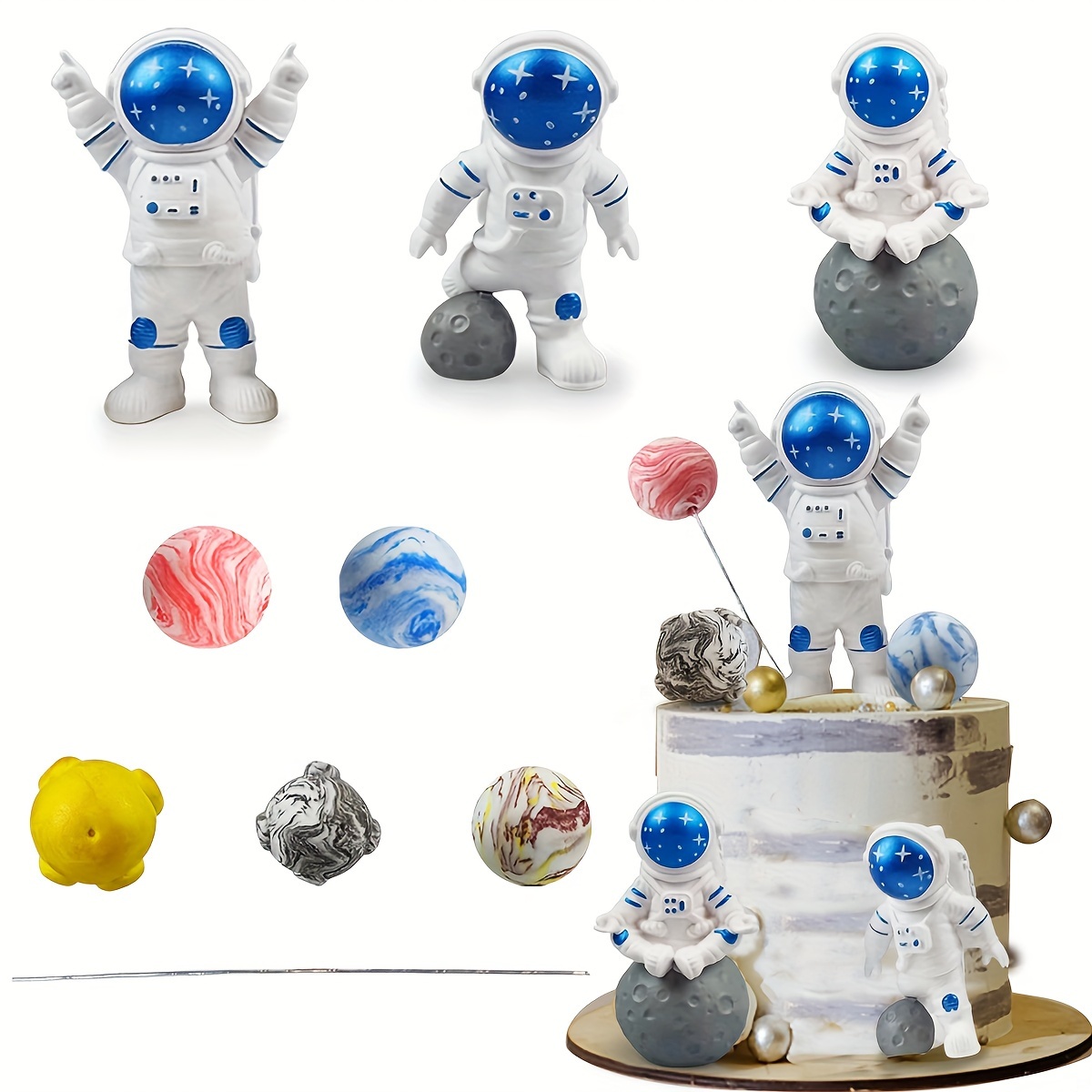 

5pcs Space-themed Cake Toppers - Blue Astronaut & Designs For Birthday Parties, Baking Decorations, Double Decoration, Space Astronaut