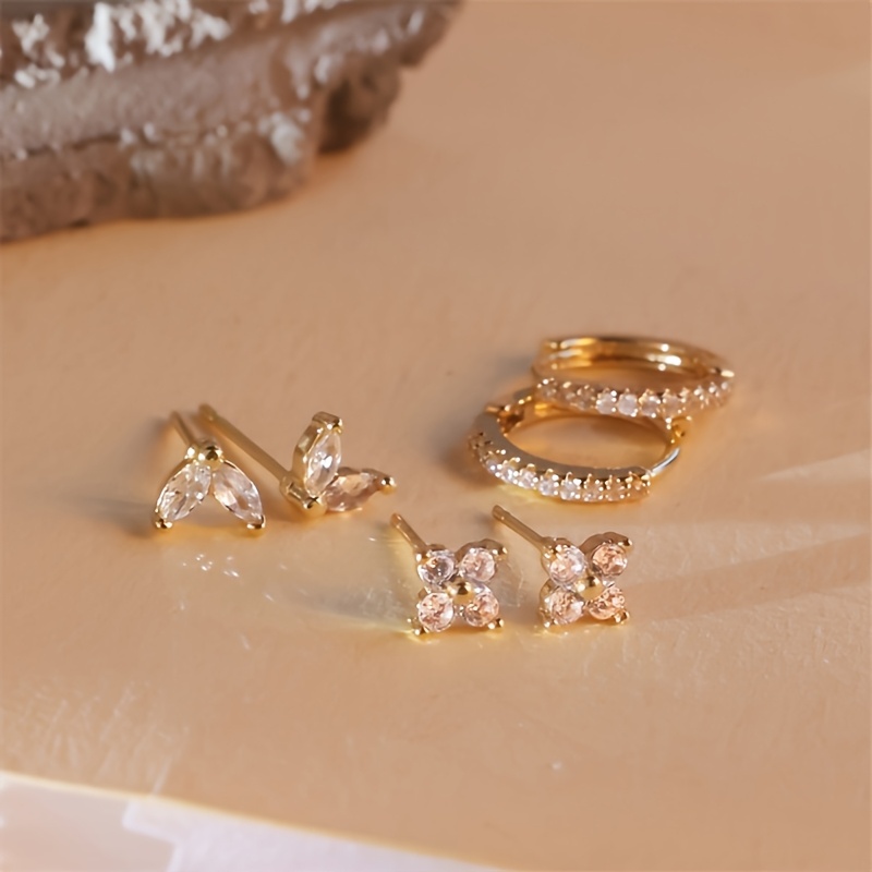 Image of 6pcs Set Of Women's Fashionable Grass Flower Element Ring Earrings With Plant Shaped Earrings Inlaid With Synthetic Zirconia Earrings, Unique And , Retro Elegant Style, Fashionable And Versatile