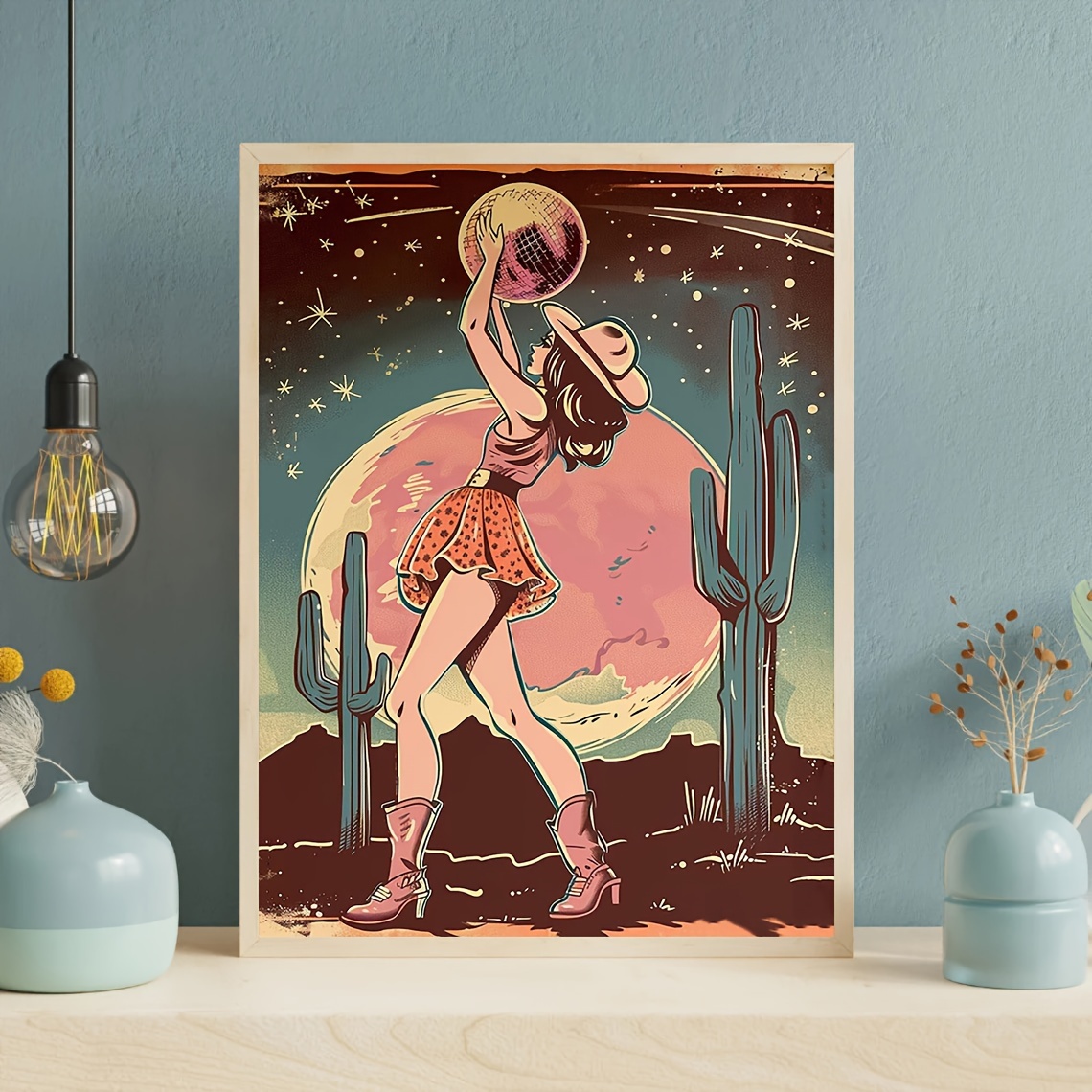 vintage cowgirl disco ball canvas art print 12x16 frameless Temu